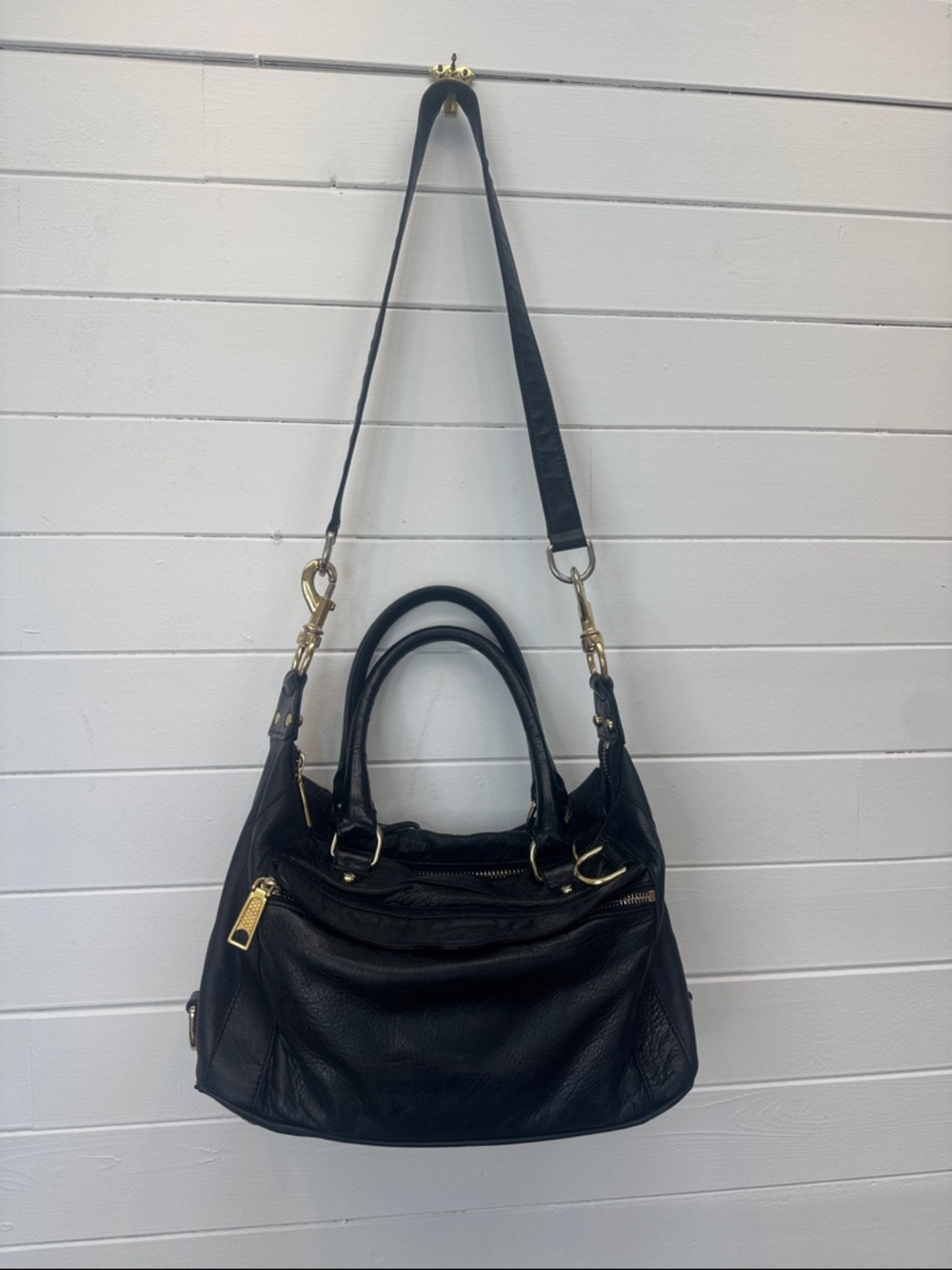 Rebecca Minkoff Black Leather, Brass Studded Satchel Handbag